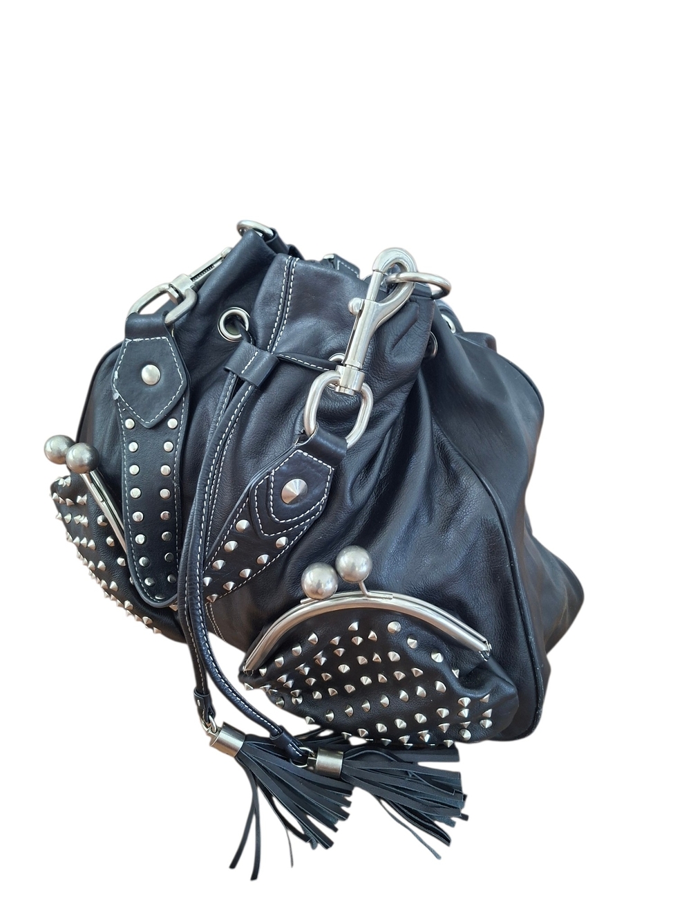 Vtg Betsey Johnson Black Leather Studded Kiss Lock Hobo Bucket Bag Y2K Rare - Picture 8 of 16